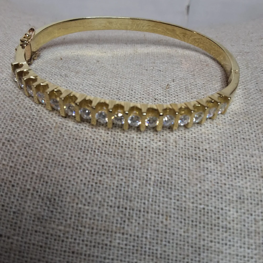 Vintage Gold Tone Hinged Bangle Bracelet Channel Set Clear CZ Stones - Picture 3 of 12